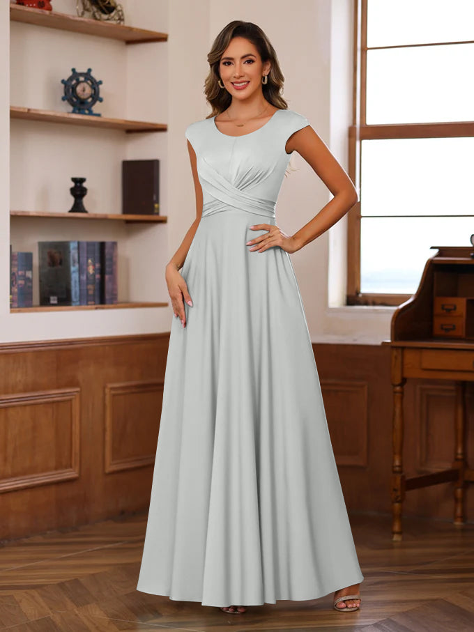 Floor-Length Mother of the Bride A-Line Dress with Scoop Neck and Ruffled Short Sleeves-27prom
