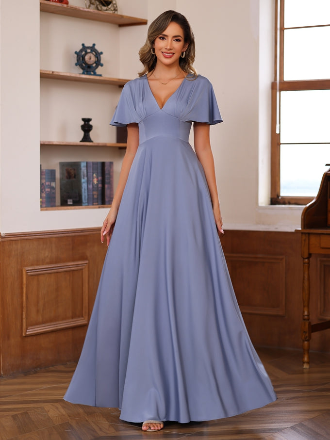 V-Neck A-Line Princess Floor-Length Mother of the Bride Dress with Short Sleeves and Ruffles-27prom