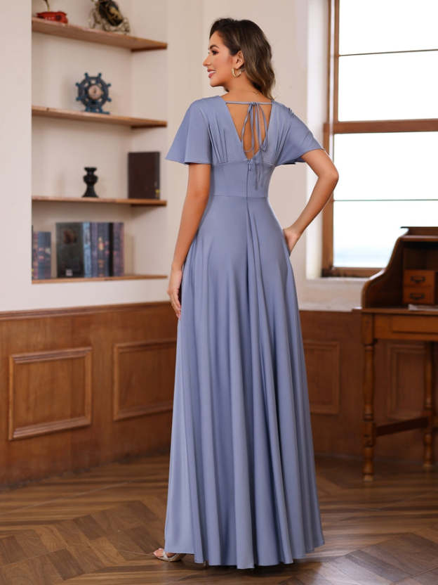 V-Neck A-Line Princess Floor-Length Mother of the Bride Dress with Short Sleeves and Ruffles-27prom