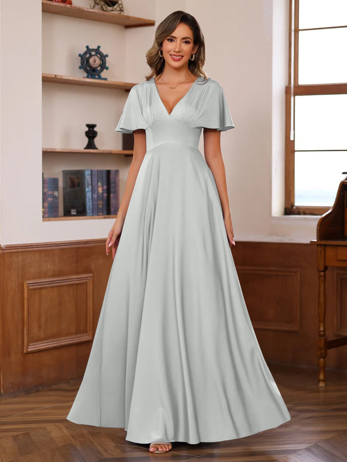 V-Neck A-Line Princess Floor-Length Mother of the Bride Dress with Short Sleeves and Ruffles-27prom