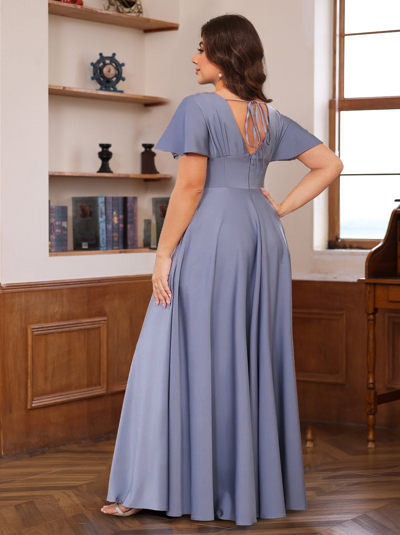 V-Neck A-Line Princess Floor-Length Mother of the Bride Dress with Short Sleeves and Ruffles-27prom