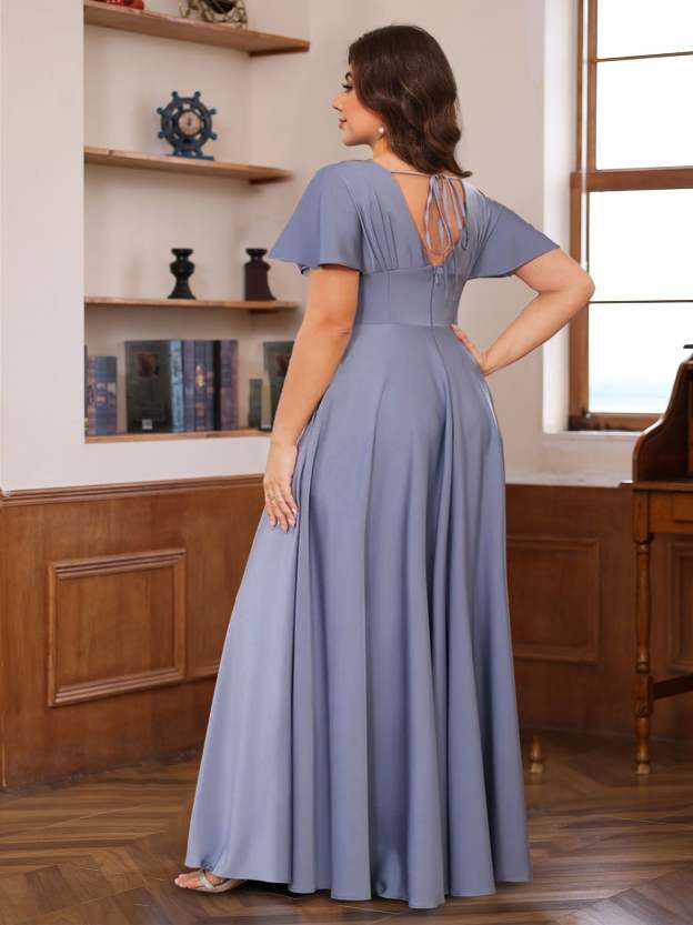 V-Neck A-Line Princess Floor-Length Mother of the Bride Dress with Short Sleeves and Ruffles-27prom
