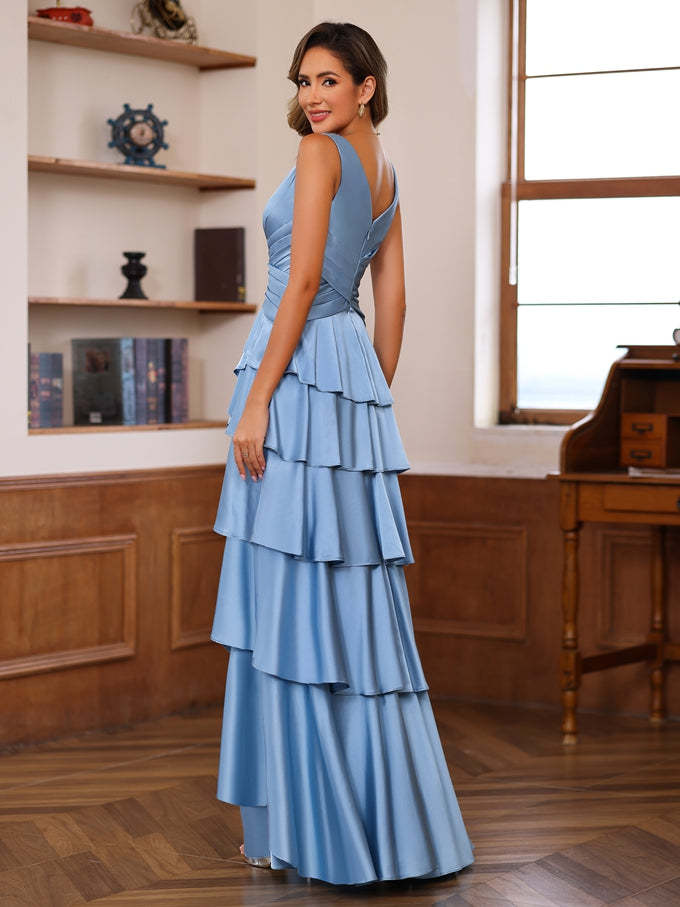 V-Neck Sleeveless A-Line Princess Floor-Length Mother of the Bride Dress With Ruffles & Wrap-27prom