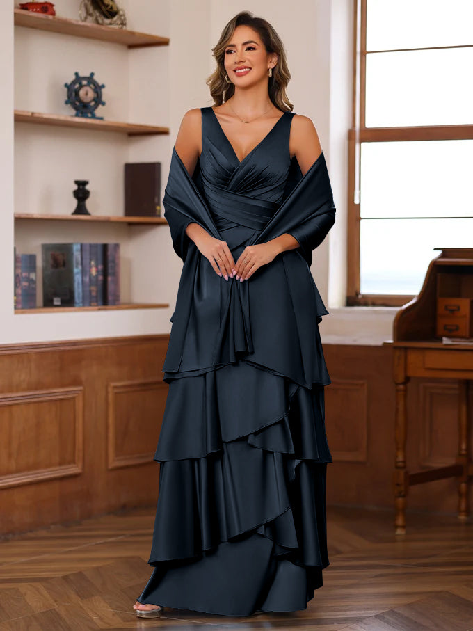 V-Neck Sleeveless A-Line Princess Floor-Length Mother of the Bride Dress With Ruffles & Wrap-27prom