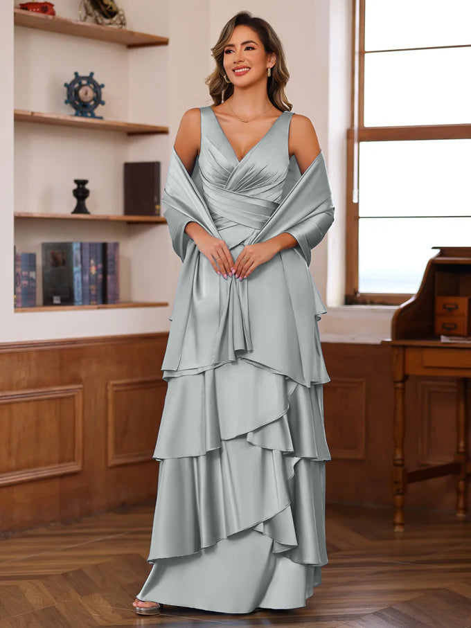 V-Neck Sleeveless A-Line Princess Floor-Length Mother of the Bride Dress With Ruffles & Wrap-27prom