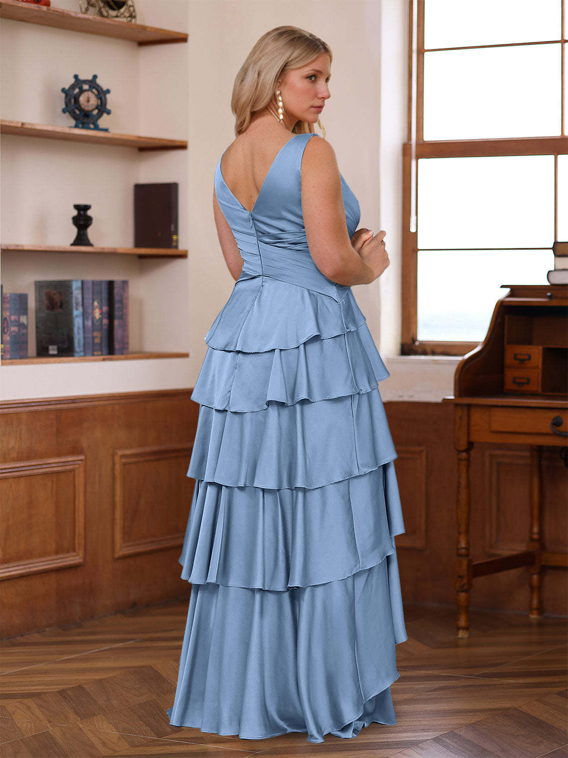 V-Neck Sleeveless A-Line Princess Floor-Length Mother of the Bride Dress With Ruffles & Wrap-27prom