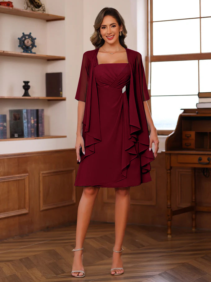 Knee-Length Square Neck A-Line Mother of the Bride Dresses With Ruffles and Jacket-27prom