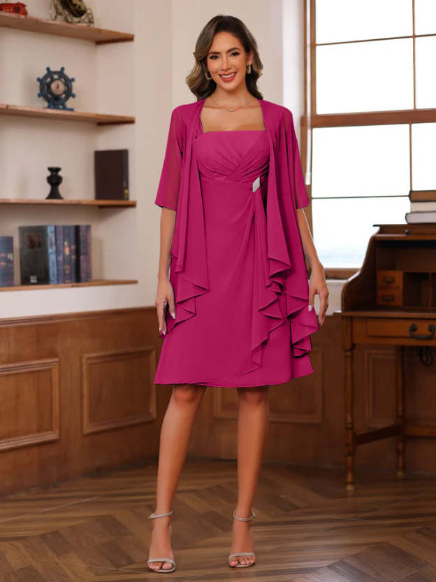 Knee-Length Square Neck A-Line Mother of the Bride Dresses With Ruffles and Jacket-27prom