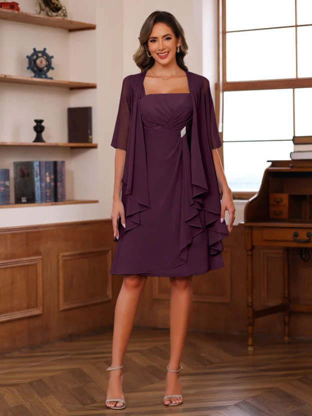 Knee-Length Square Neck A-Line Mother of the Bride Dresses With Ruffles and Jacket-27prom