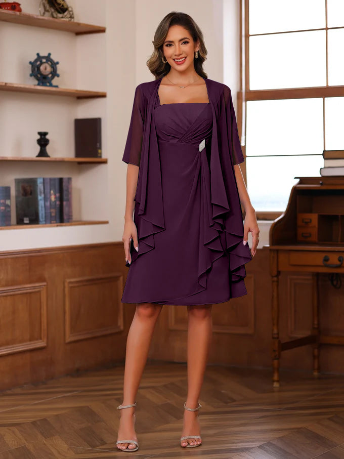 Knee-Length Square Neck A-Line Mother of the Bride Dresses With Ruffles and Jacket-27prom