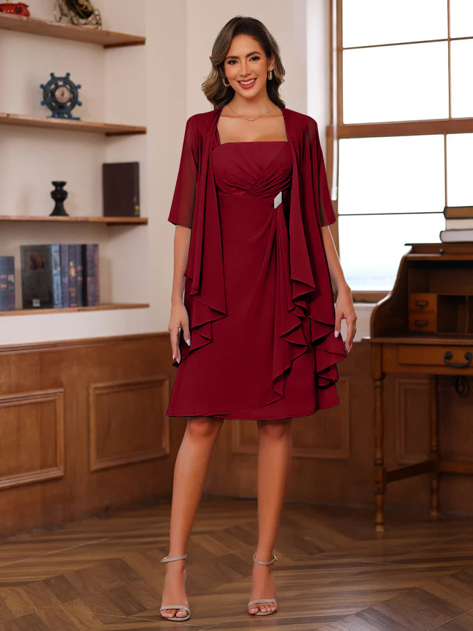 Knee-Length Square Neck A-Line Mother of the Bride Dresses With Ruffles and Jacket-27prom