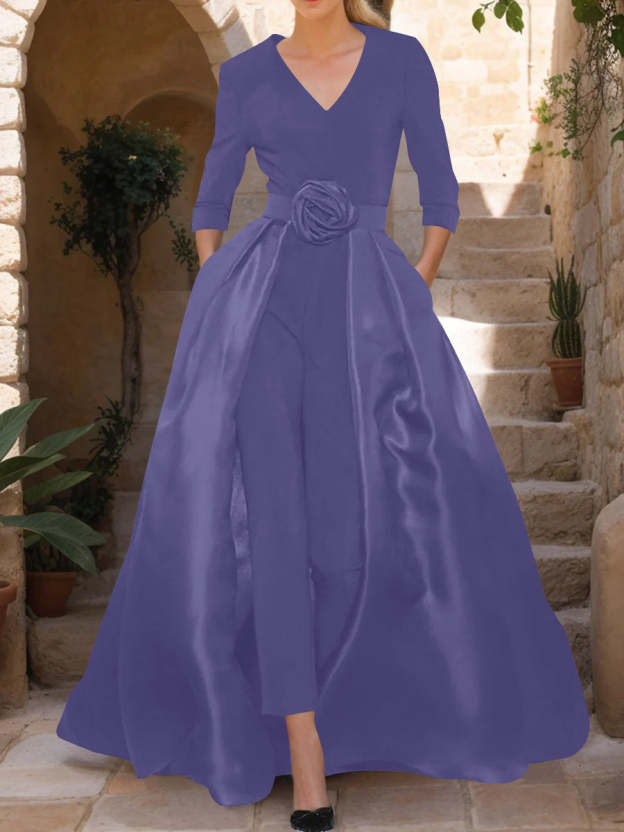 Mother of the Bride V-Neck Pantsuit with 3/4 Sleeves and Flower Belt