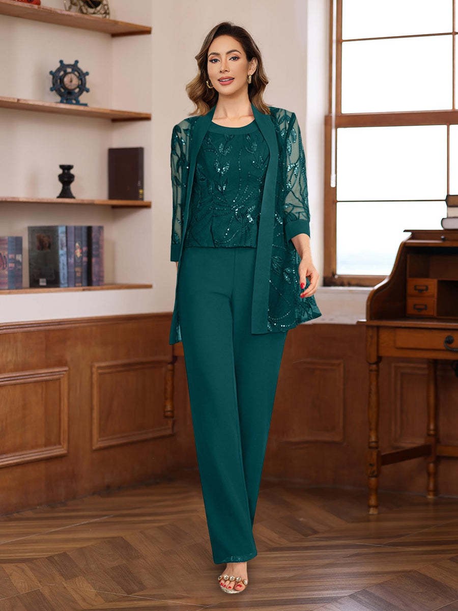 3-Piece Floor-Length Chiffon Pantsuits with Sequins for the Mother of the Bride