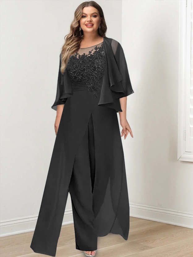 Plus Size Mother of the Bride A-Line/Princess Jumpsuit with Jacket Floor-Length Design Side Split & Appliques