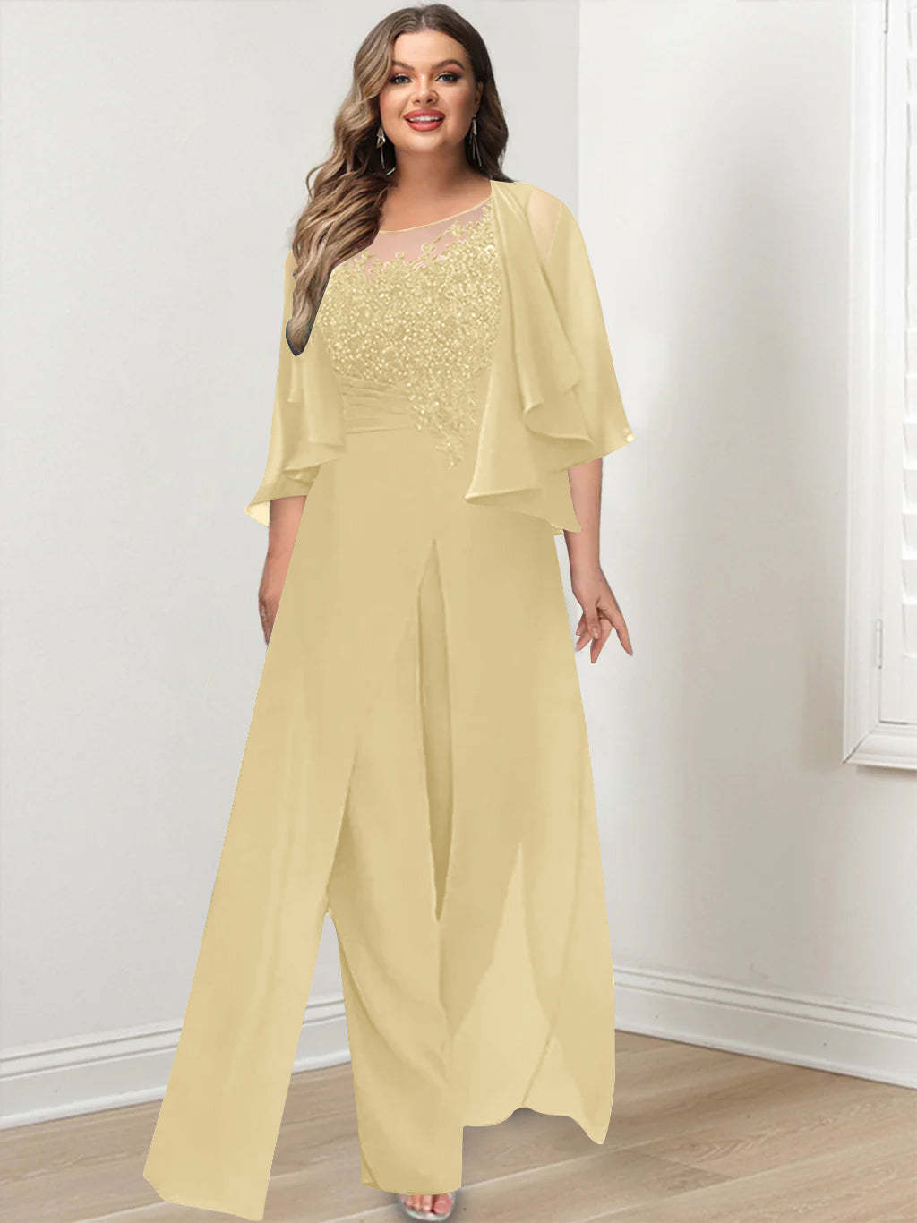 Plus Size Mother of the Bride A-Line/Princess Jumpsuit with Jacket Floor-Length Design Side Split & Appliques
