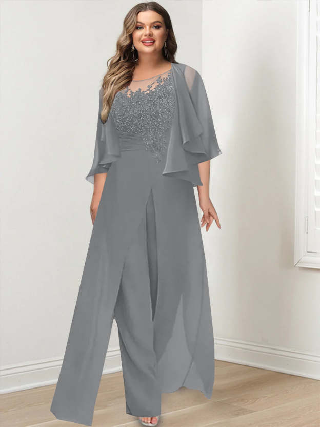 Plus Size Mother of the Bride A-Line/Princess Jumpsuit with Jacket Floor-Length Design Side Split & Appliques
