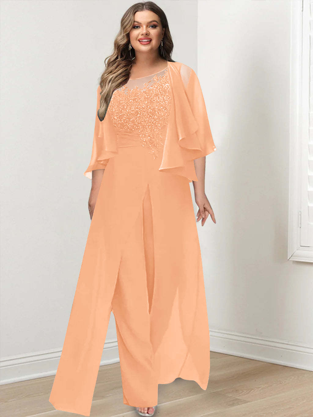 Plus Size Mother of the Bride A-Line/Princess Jumpsuit with Jacket Floor-Length Design Side Split & Appliques
