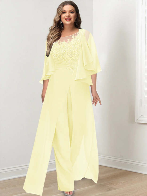 Plus Size Mother of the Bride A-Line/Princess Jumpsuit with Jacket Floor-Length Design Side Split & Appliques