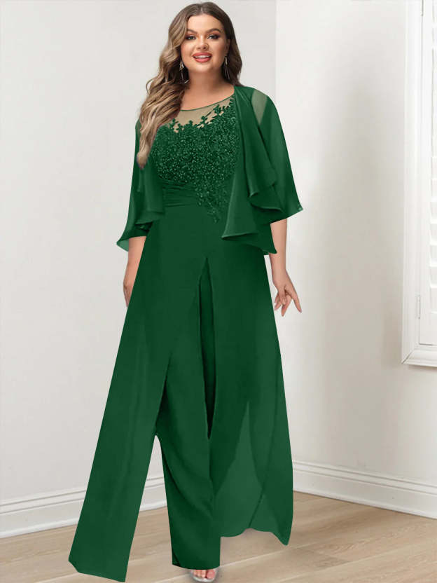 Plus Size Mother of the Bride A-Line/Princess Jumpsuit with Jacket Floor-Length Design Side Split & Appliques
