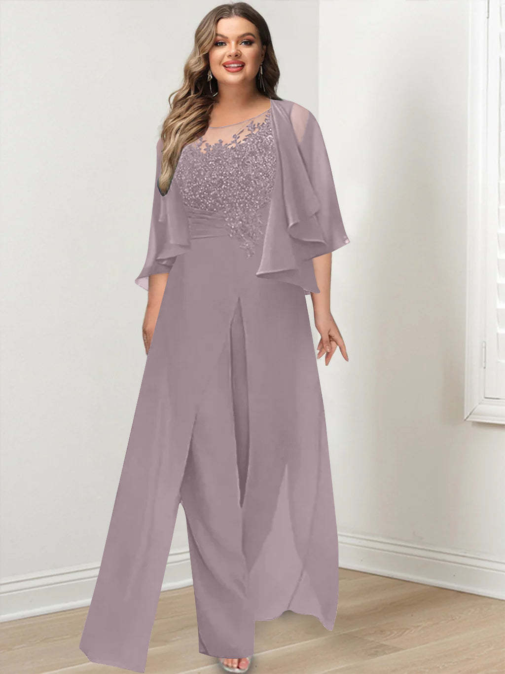 Plus Size Mother of the Bride A-Line/Princess Jumpsuit with Jacket Floor-Length Design Side Split & Appliques