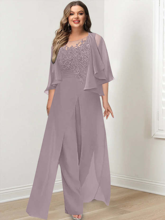 Plus Size Mother of the Bride A-Line/Princess Jumpsuit with Jacket Floor-Length Design Side Split & Appliques