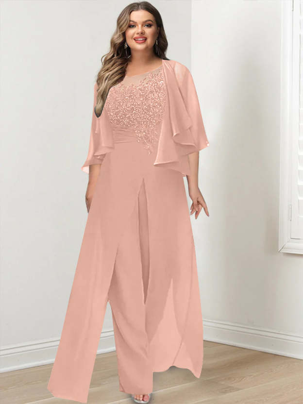 Plus Size Mother of the Bride A-Line/Princess Jumpsuit with Jacket Floor-Length Design Side Split & Appliques