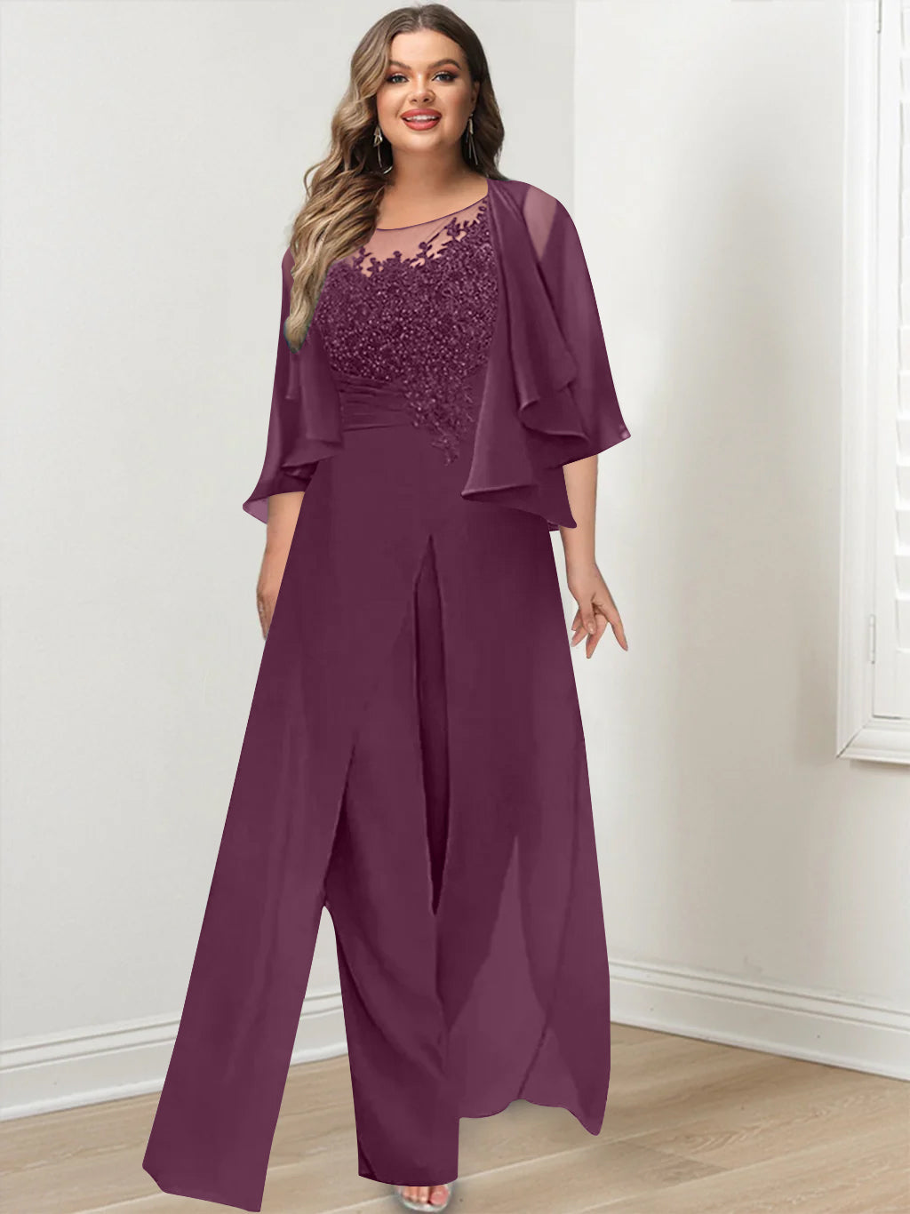 Plus Size Mother of the Bride A-Line/Princess Jumpsuit with Jacket Floor-Length Design Side Split & Appliques