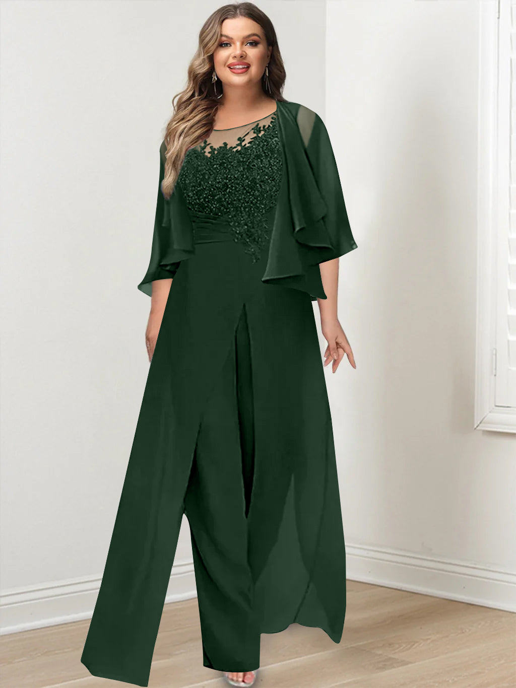 Plus Size Mother of the Bride A-Line/Princess Jumpsuit with Jacket Floor-Length Design Side Split & Appliques