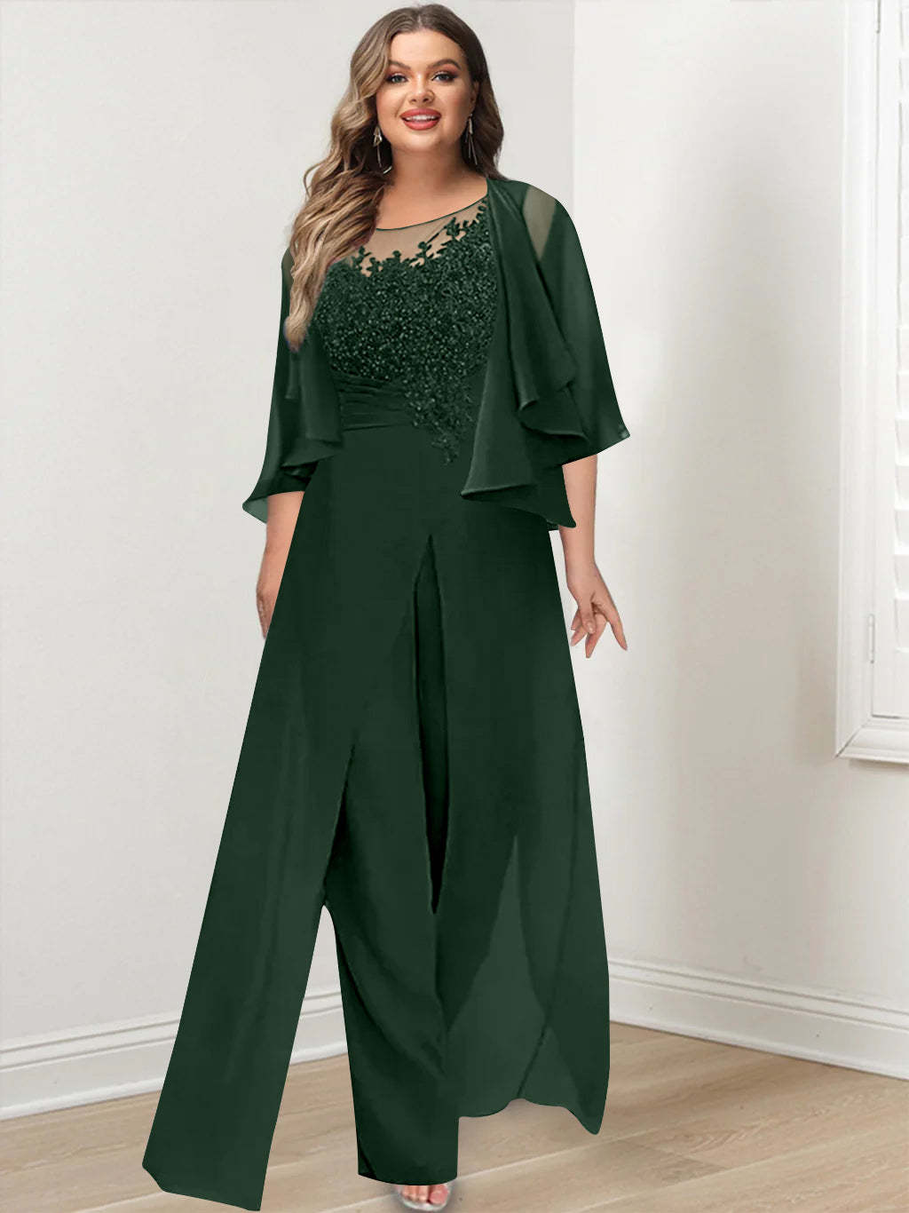 Plus Size Mother of the Bride A-Line/Princess Jumpsuit with Jacket Floor-Length Design Side Split & Appliques