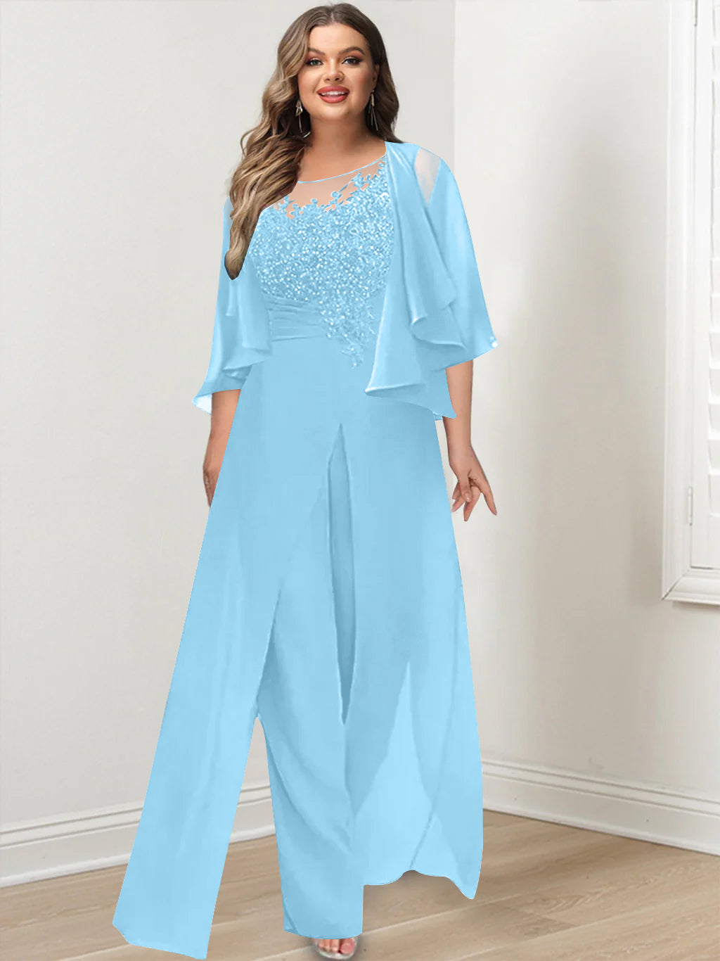 Plus Size Mother of the Bride A-Line/Princess Jumpsuit with Jacket Floor-Length Design Side Split & Appliques