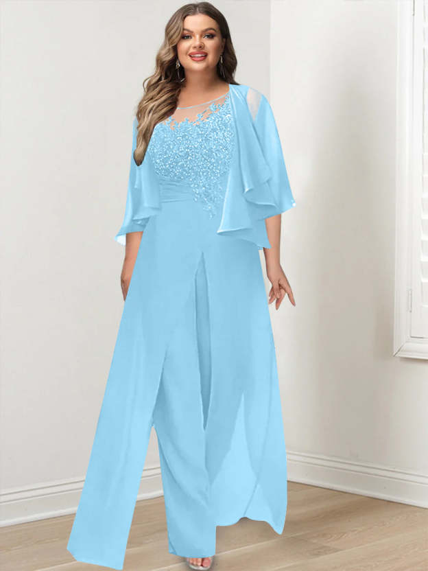Plus Size Mother of the Bride A-Line/Princess Jumpsuit with Jacket Floor-Length Design Side Split & Appliques