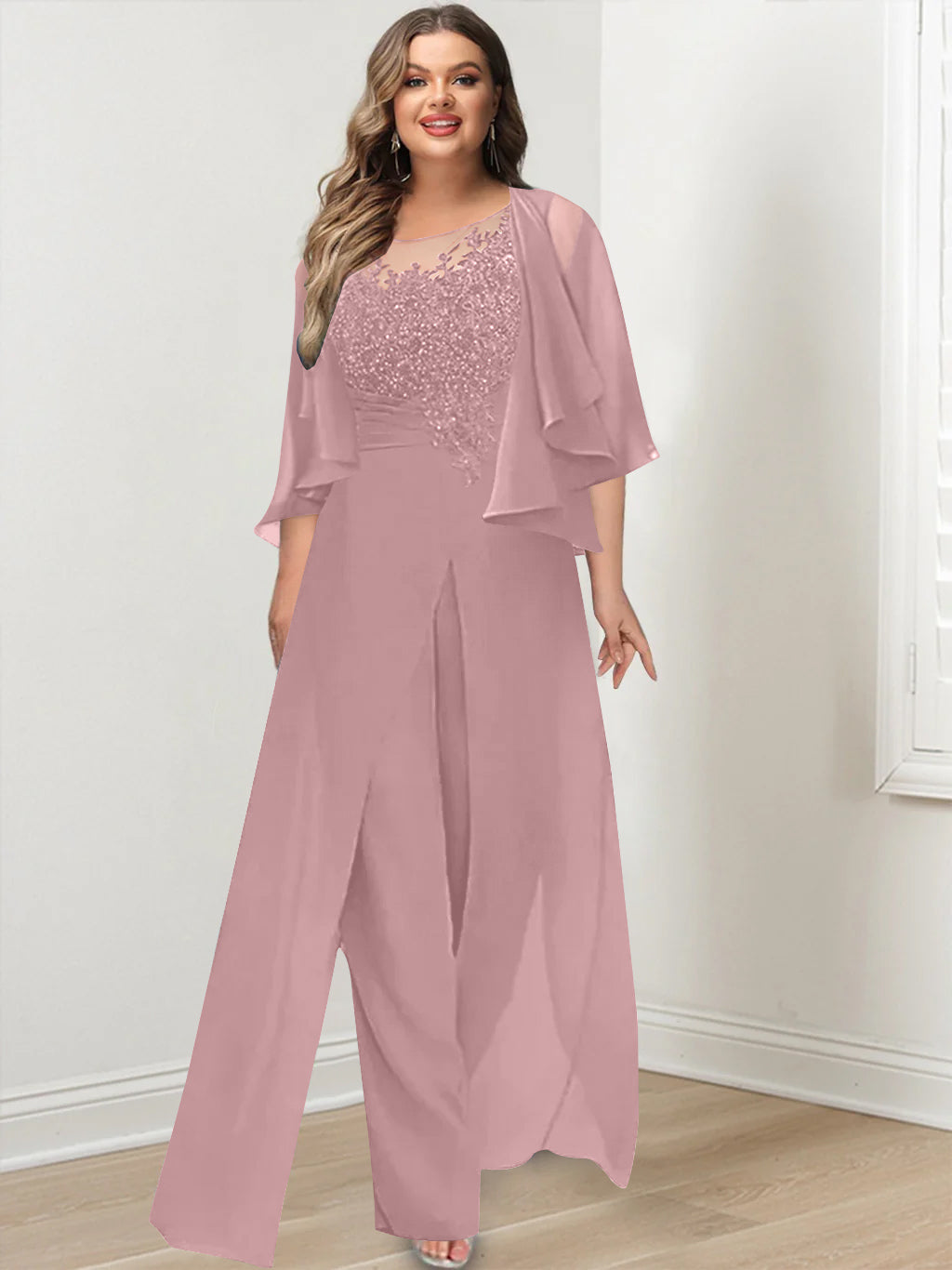 Plus Size Mother of the Bride A-Line/Princess Jumpsuit with Jacket Floor-Length Design Side Split & Appliques