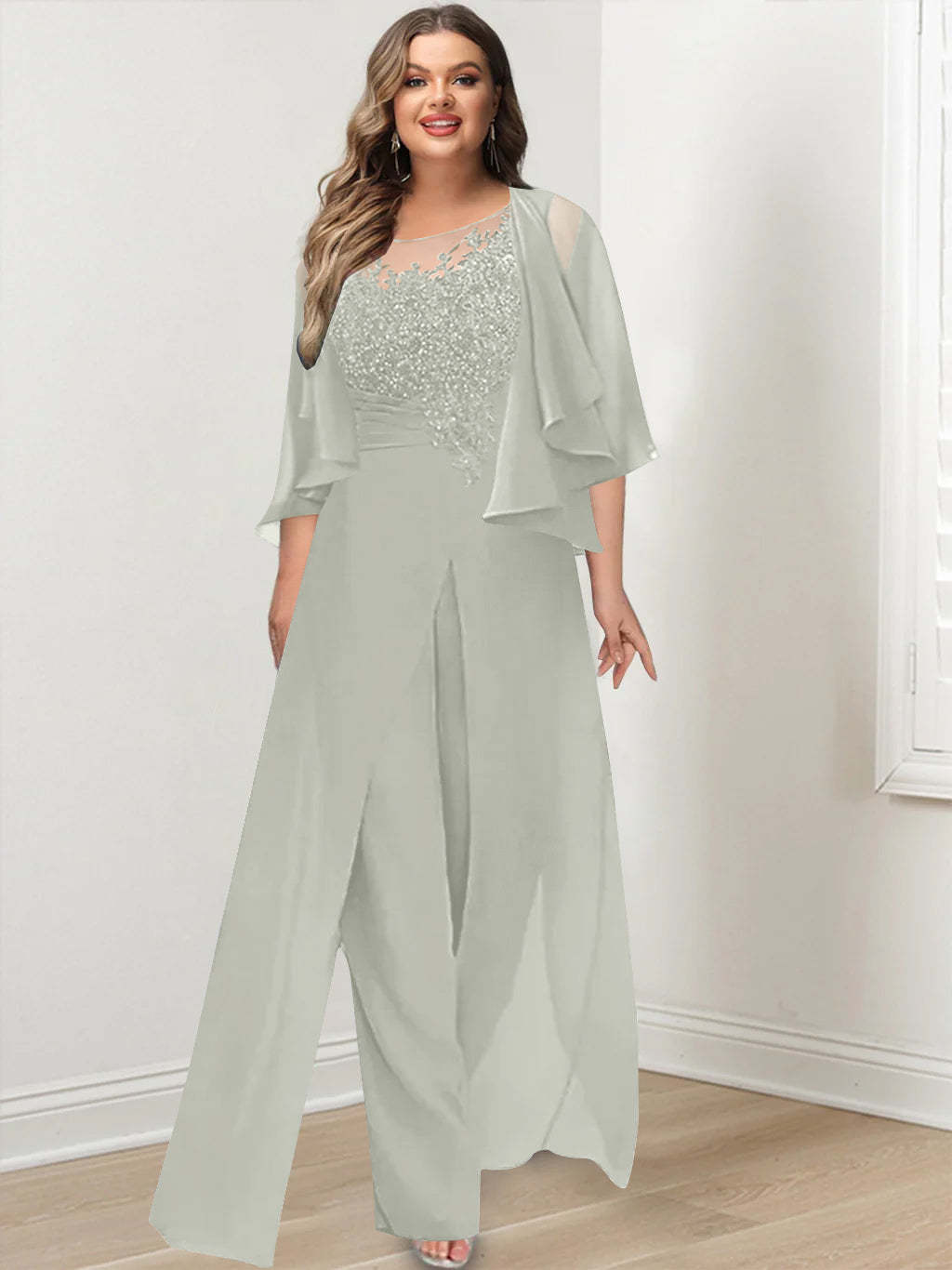 Plus Size Mother of the Bride A-Line/Princess Jumpsuit with Jacket Floor-Length Design Side Split & Appliques