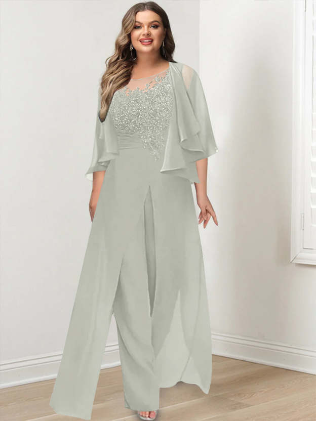 Plus Size Mother of the Bride A-Line/Princess Jumpsuit with Jacket Floor-Length Design Side Split & Appliques