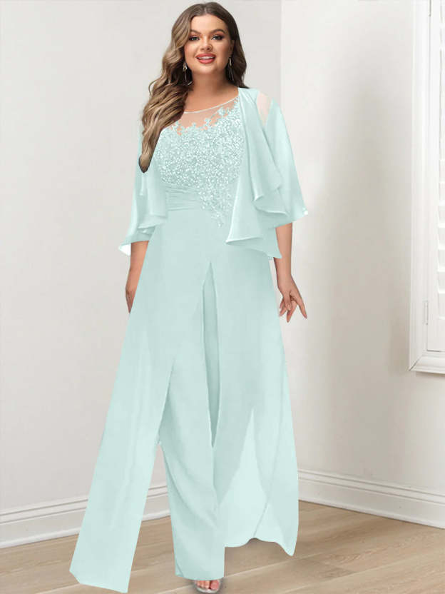 Plus Size Mother of the Bride A-Line/Princess Jumpsuit with Jacket Floor-Length Design Side Split & Appliques