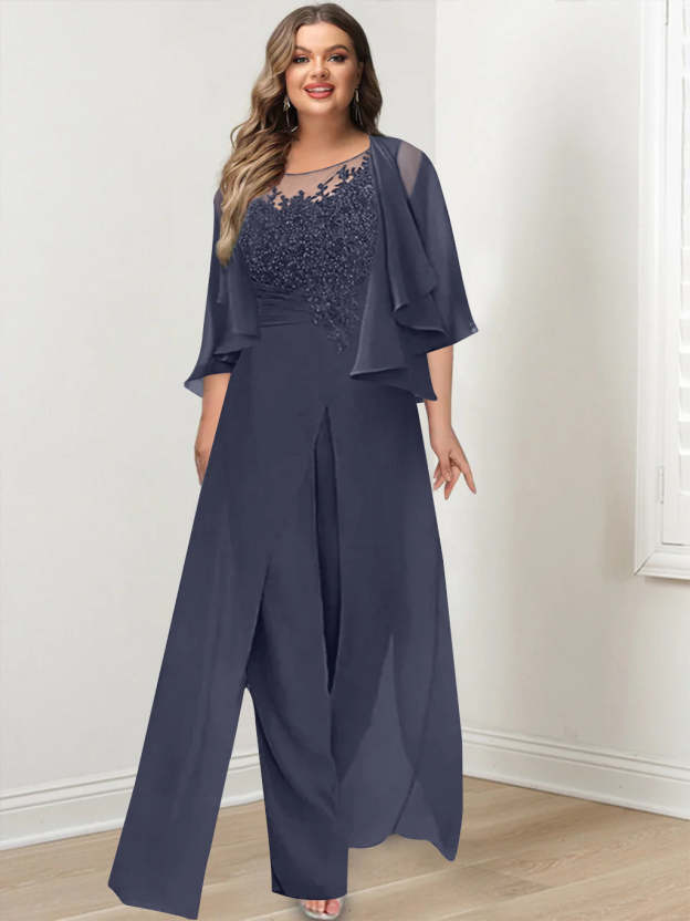 Plus Size Mother of the Bride A-Line/Princess Jumpsuit with Jacket Floor-Length Design Side Split & Appliques