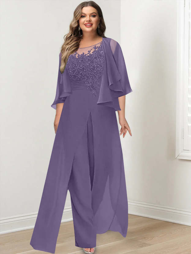 Plus Size Mother of the Bride A-Line/Princess Jumpsuit with Jacket Floor-Length Design Side Split & Appliques
