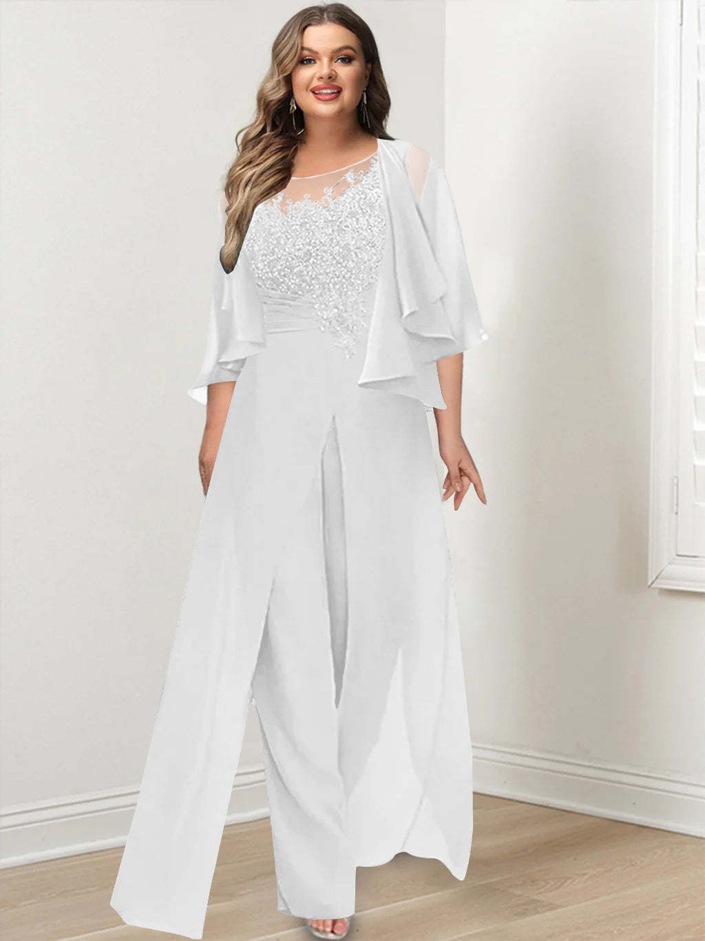 Plus Size Mother of the Bride A-Line/Princess Jumpsuit with Jacket Floor-Length Design Side Split & Appliques