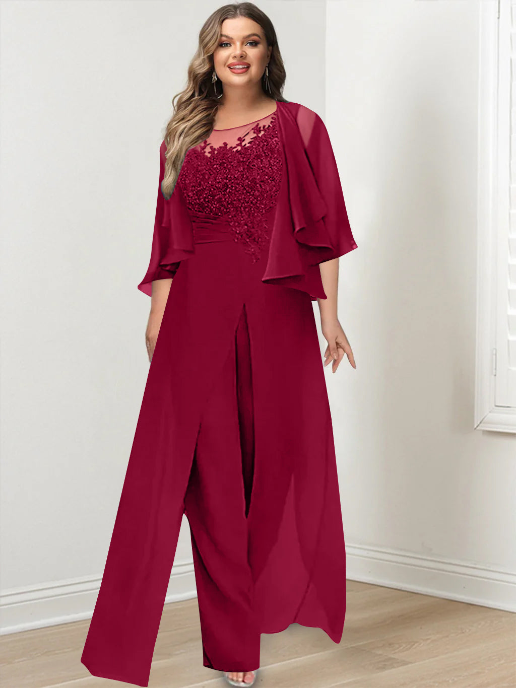Plus Size Mother of the Bride A-Line/Princess Jumpsuit with Jacket Floor-Length Design Side Split & Appliques
