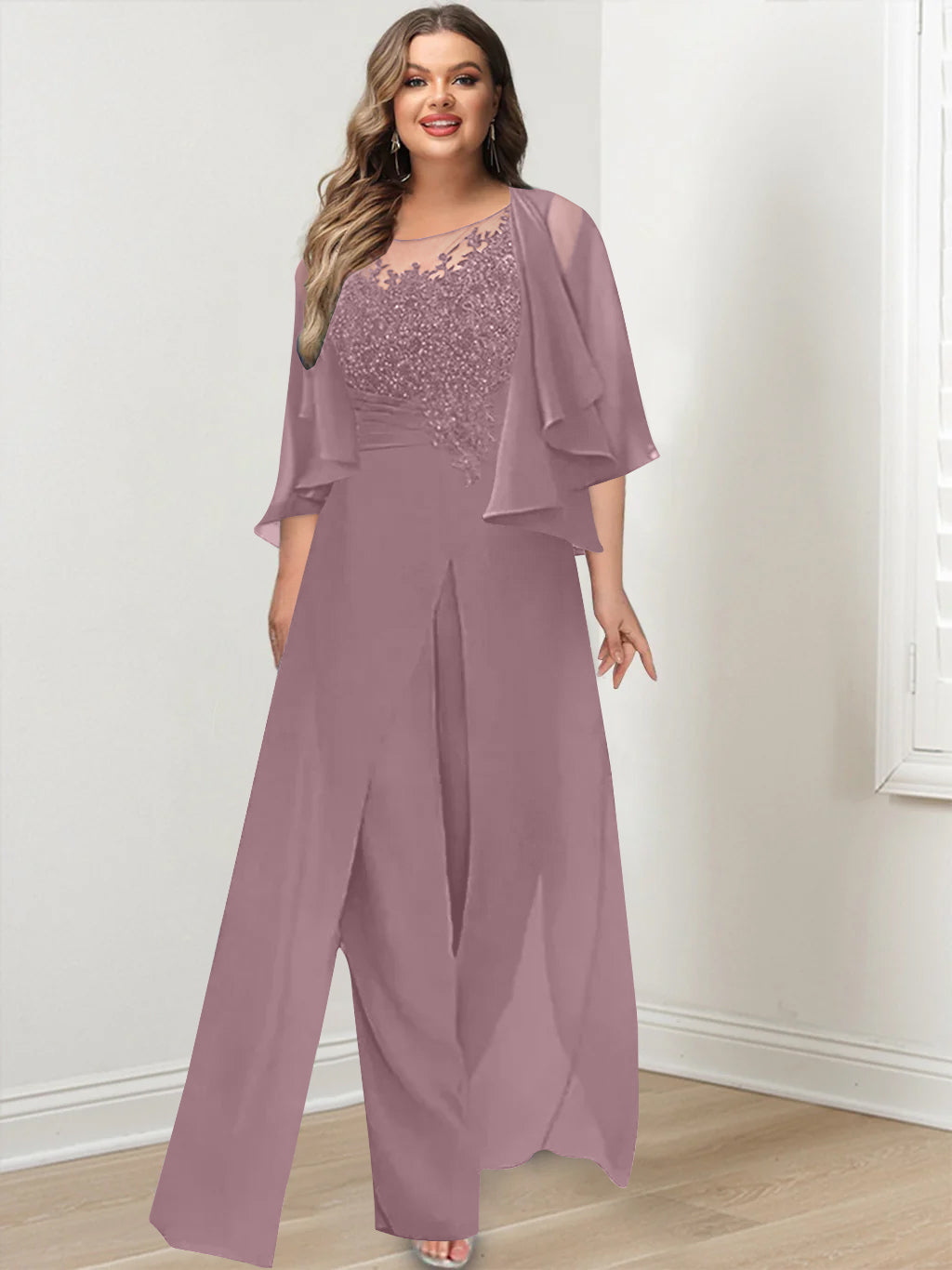 Plus Size Mother of the Bride A-Line/Princess Jumpsuit with Jacket Floor-Length Design Side Split & Appliques