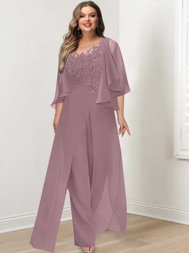 Plus Size Mother of the Bride A-Line/Princess Jumpsuit with Jacket Floor-Length Design Side Split & Appliques