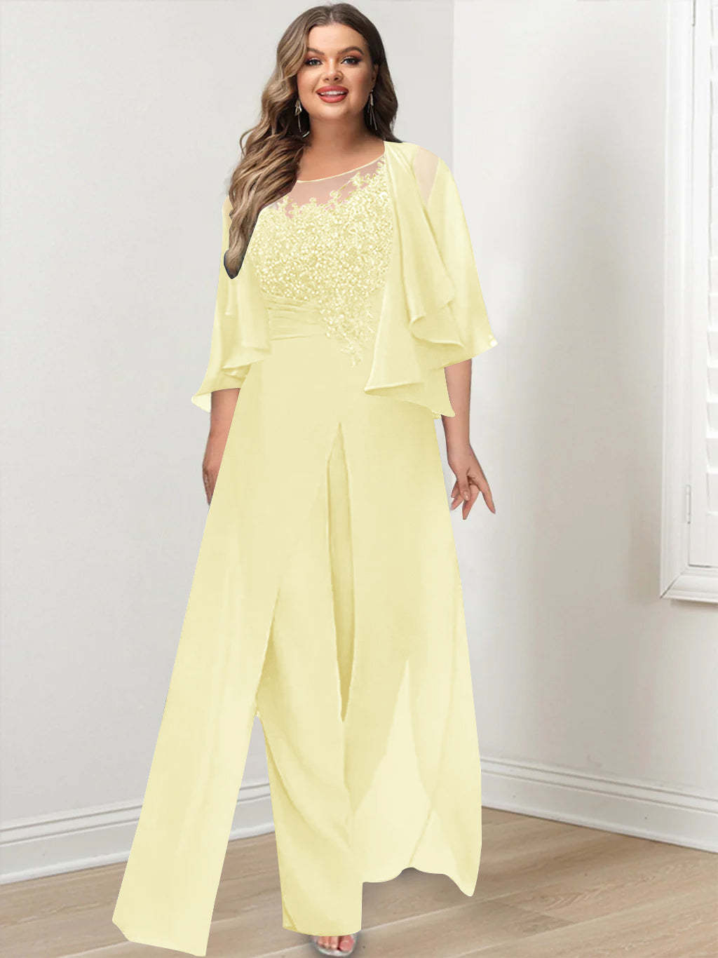 Plus Size Mother of the Bride A-Line/Princess Jumpsuit with Jacket Floor-Length Design Side Split & Appliques