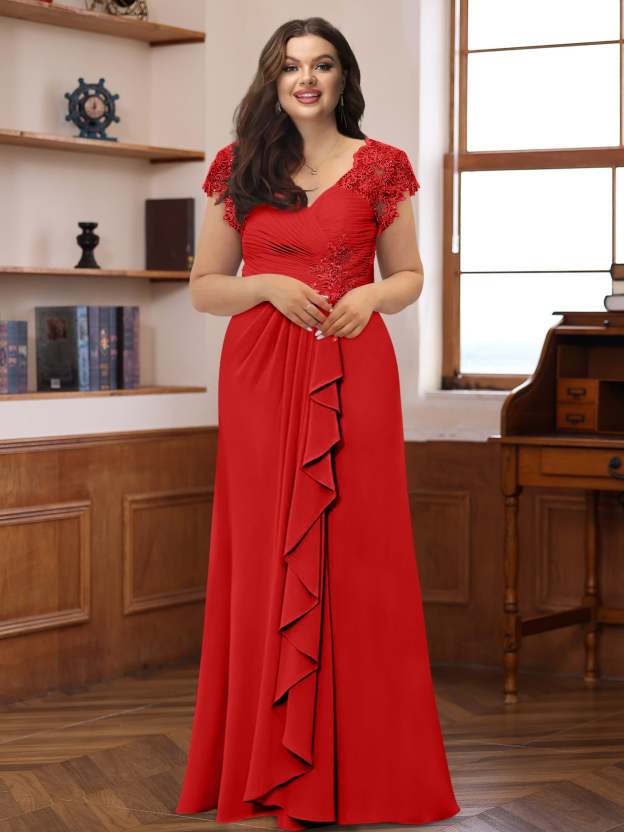 Plus Size V-Neck A-Line Princess Dress with Short Sleeves Ruffles and Appliques for Mothers of the Bride & Groom
