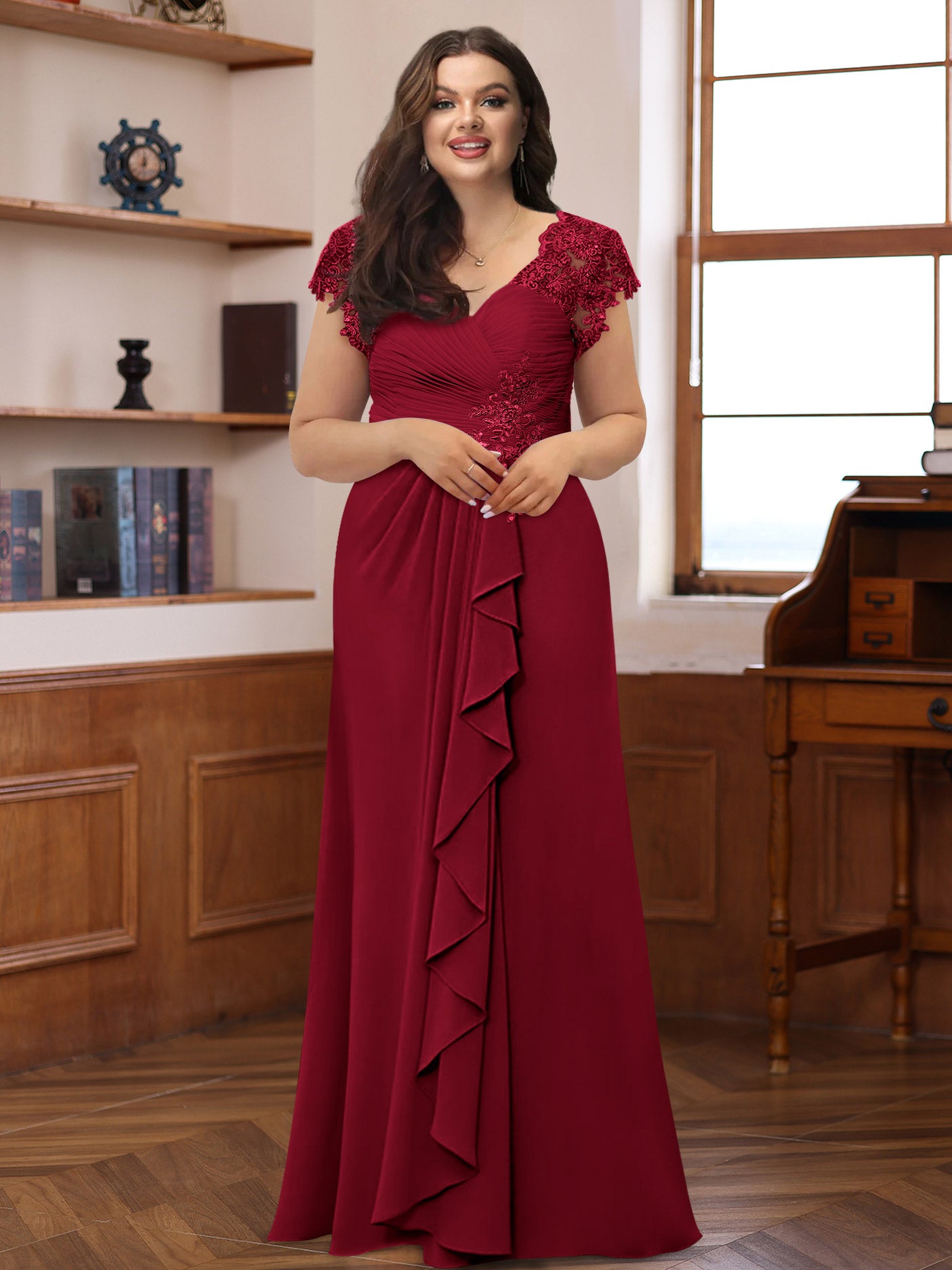 Plus Size V-Neck A-Line Princess Dress with Short Sleeves Ruffles and Appliques for Mothers of the Bride & Groom