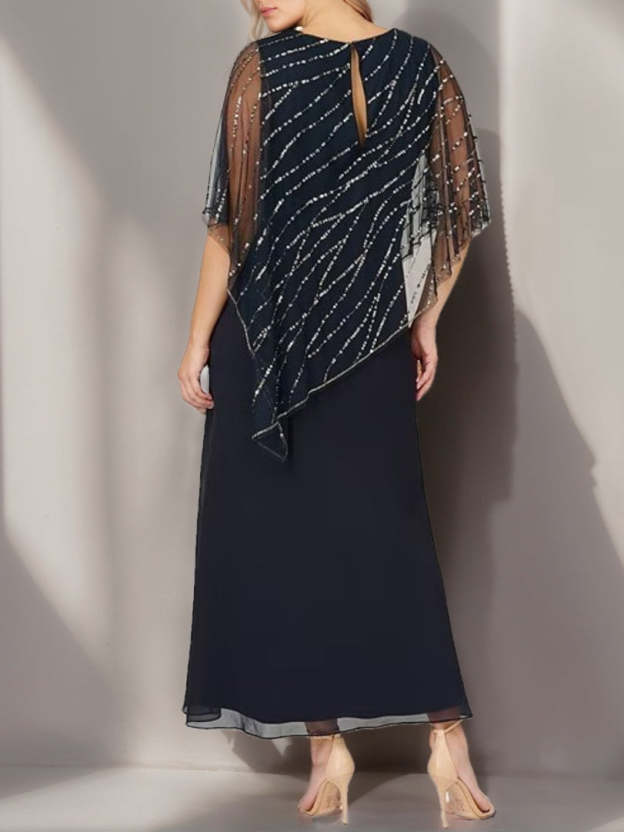 Plus Size V-Neck A-Line Princess Ankle-Length Mother of the Bride Dress with Asymmetrical Cape Popover and Half Sleeves