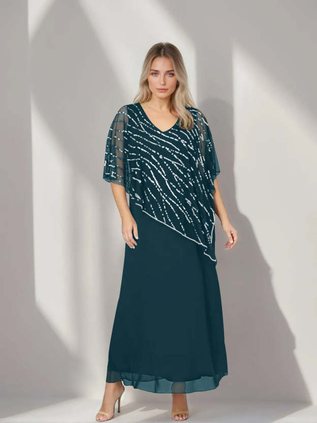 Plus Size V-Neck A-Line Princess Ankle-Length Mother of the Bride Dress with Asymmetrical Cape Popover and Half Sleeves