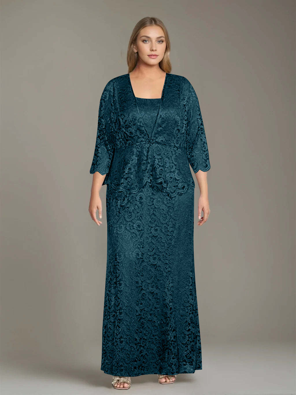 Plus Size 2-Piece Mother of the Bride Dress Set with Square Neck and Floor-Length Sheath