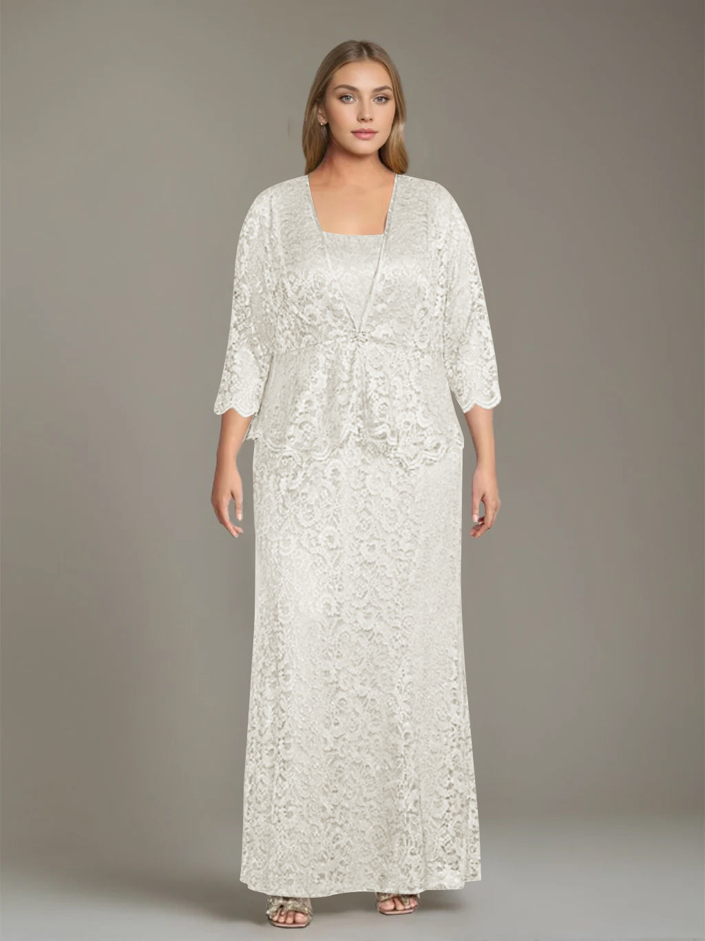 Plus Size 2-Piece Mother of the Bride Dress Set with Square Neck and Floor-Length Sheath