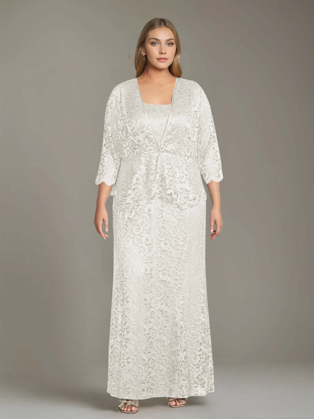 Plus Size 2-Piece Mother of the Bride Dress Set with Square Neck and Floor-Length Sheath
