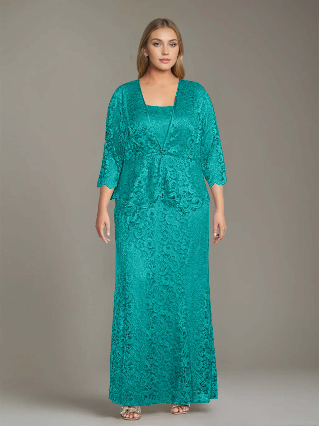 Plus Size 2-Piece Mother of the Bride Dress Set with Square Neck and Floor-Length Sheath